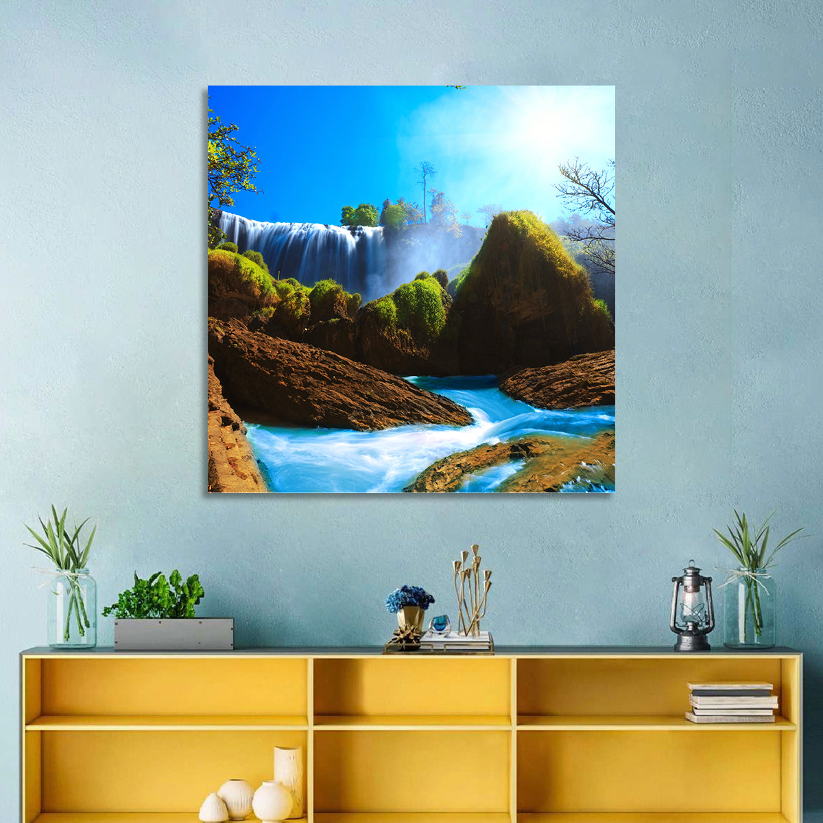 Sunlit Turquoise Waterfall Wall Art