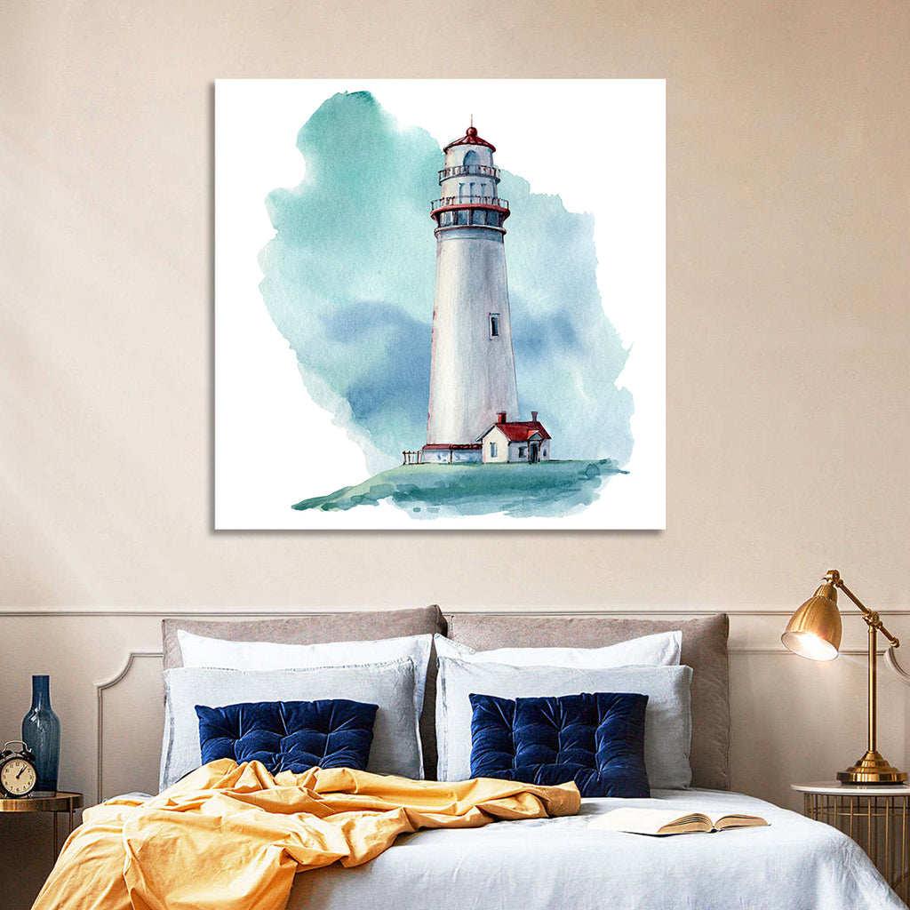 Red Roof Lighthouse Watercolor Wall Art