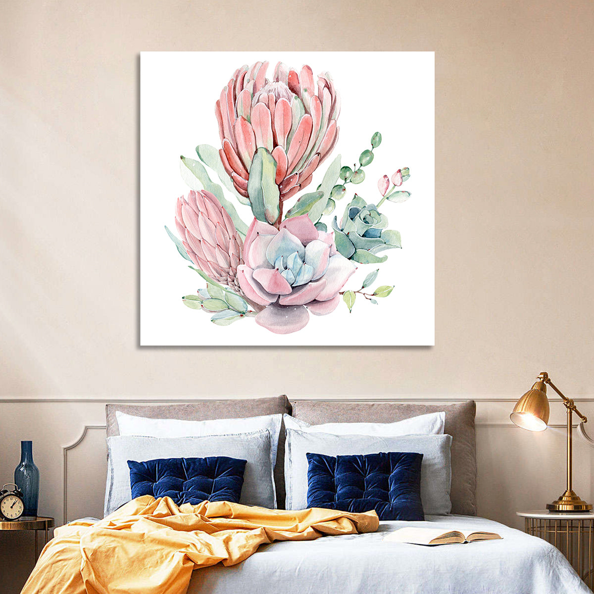 Pink Protea Succulent Bouquet Wall Art in a room, square