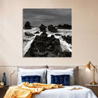 Moody Black and White Rocky Coast Waves Wall Art