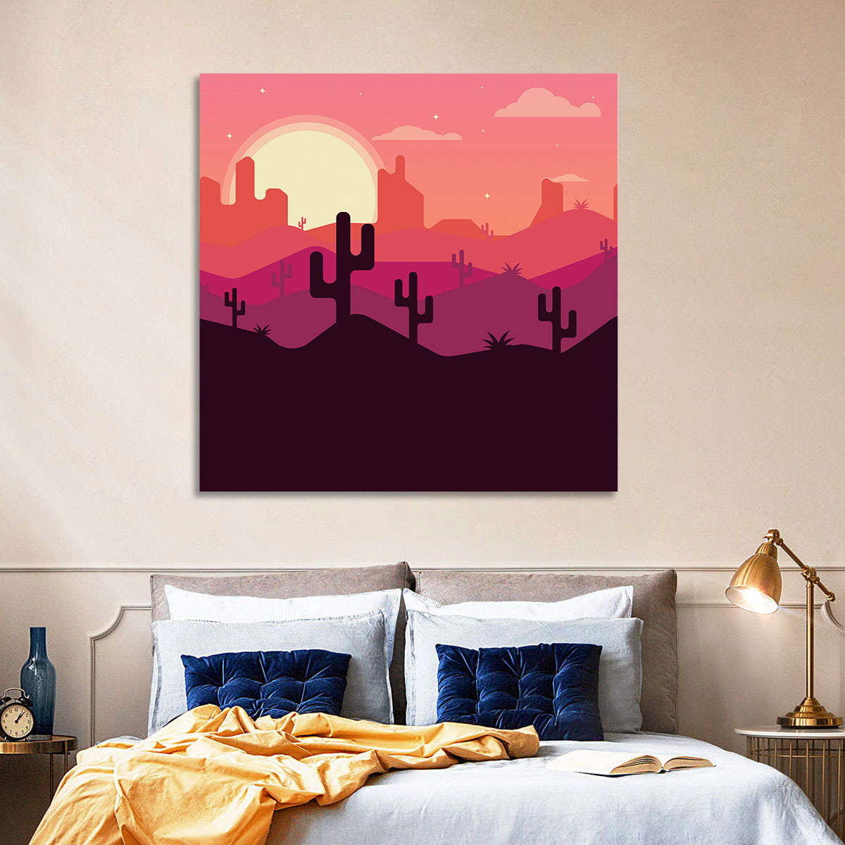 Desert Sunset with Saguaro Silhouettes Wall Art in a room, square