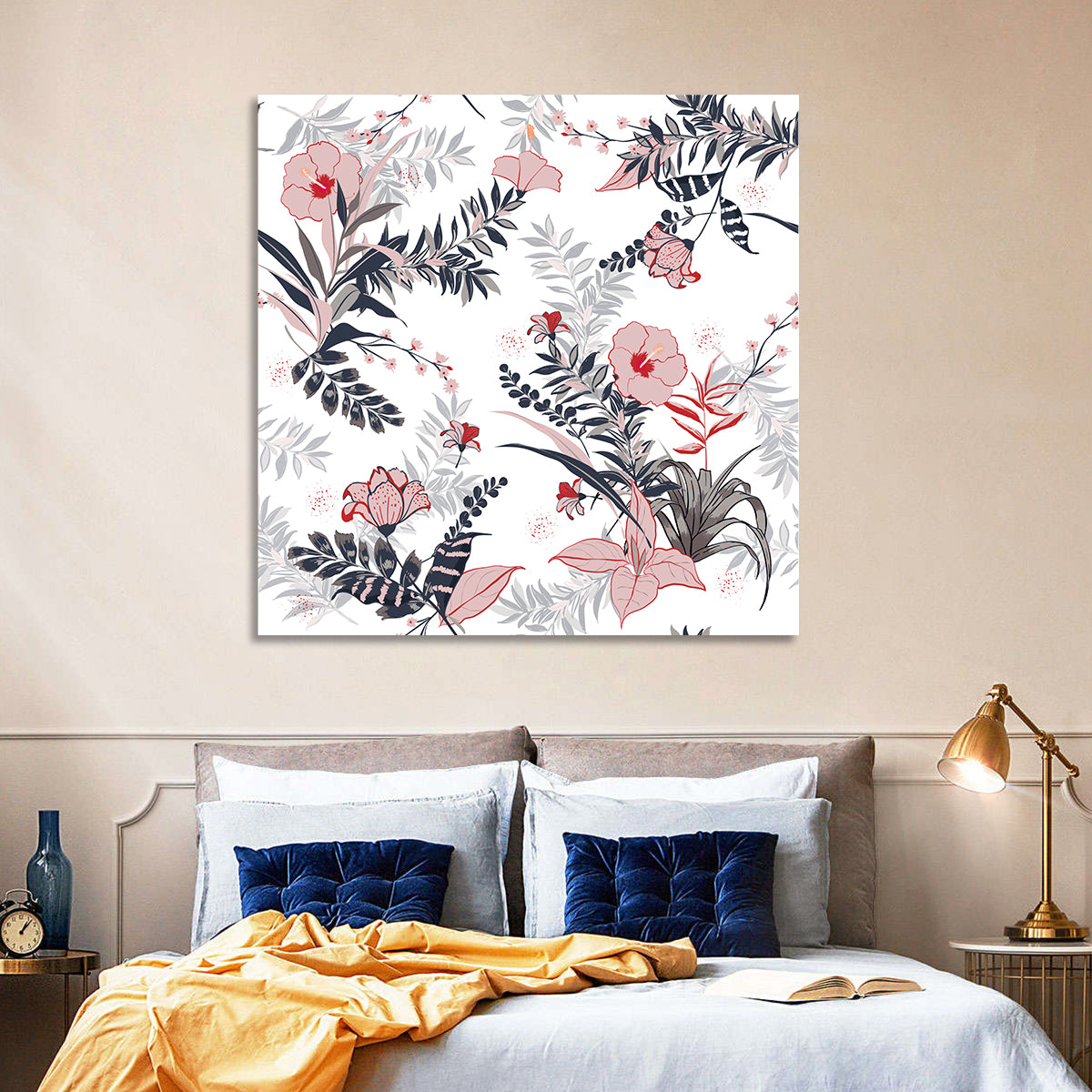 Tropical Hibiscus Pattern Wall Art in a room, square