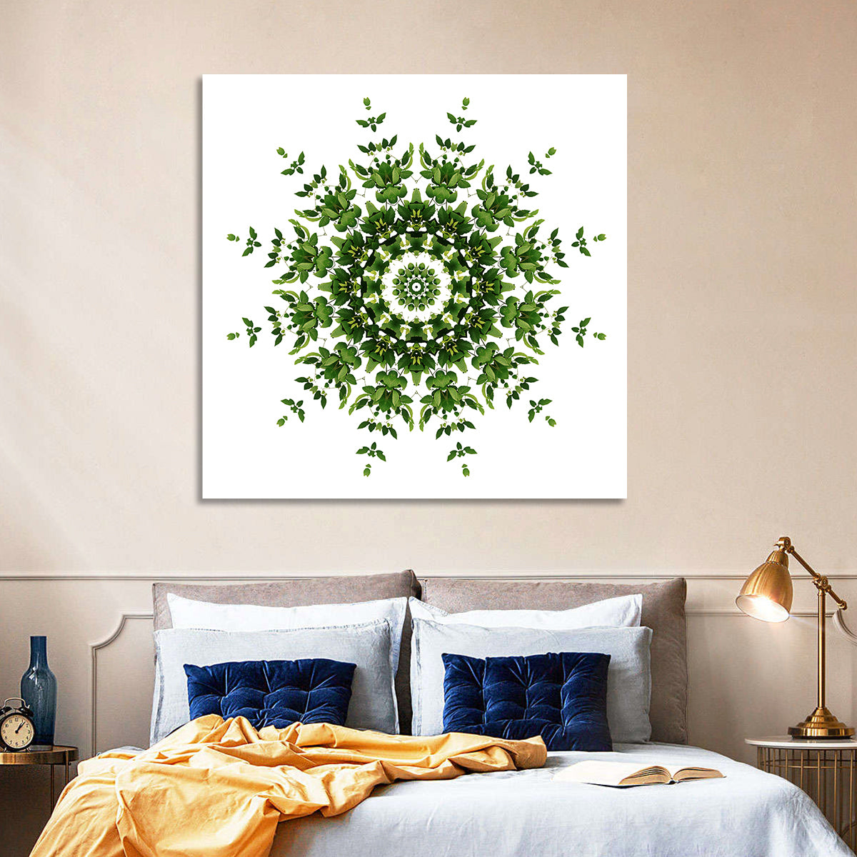 Botanical Green Leaf Mandala Wall Art in a room, square