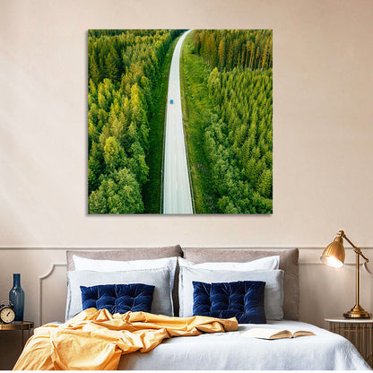 Blue Car on Forest Road Wall Art