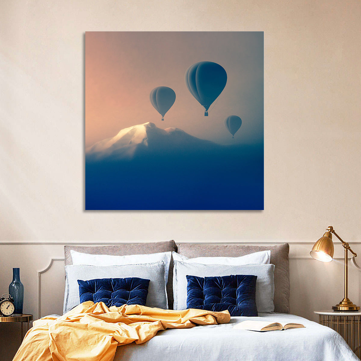 Three Hot Air Balloons Over Misty Peak Wall Art