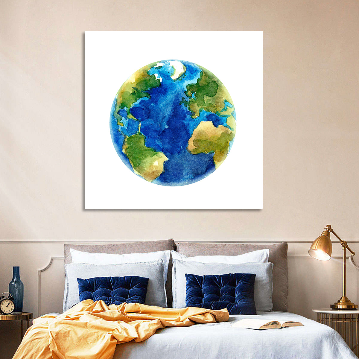 Watercolor Earth Globe Wall Art in a room, square