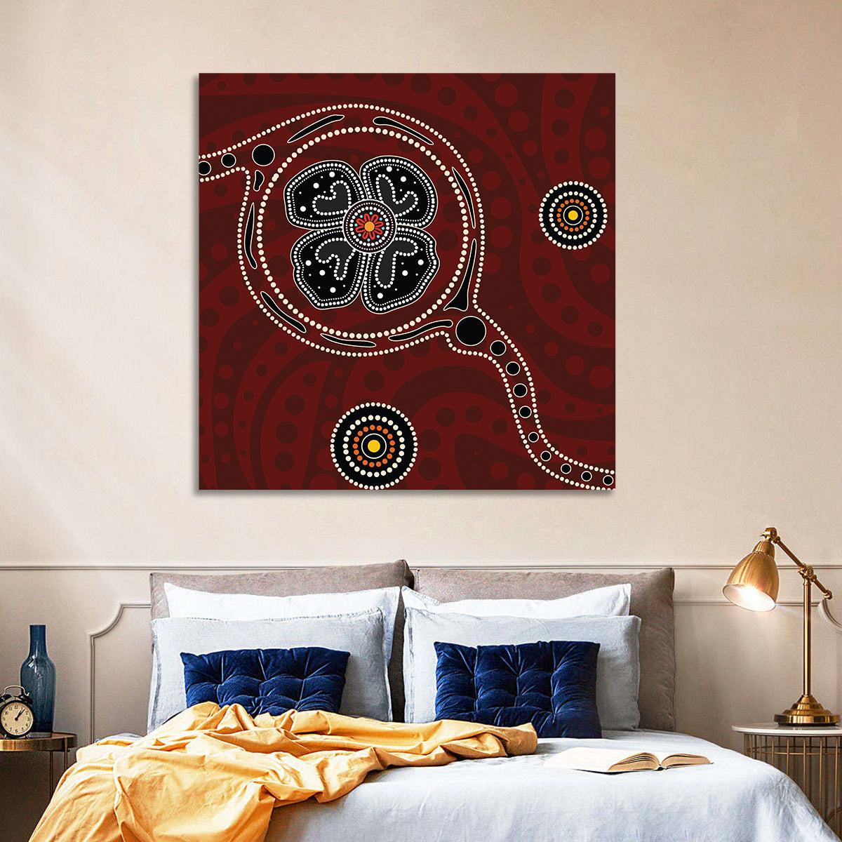 Aboriginal Poppy Dot Motif Wall Art in a room, square
