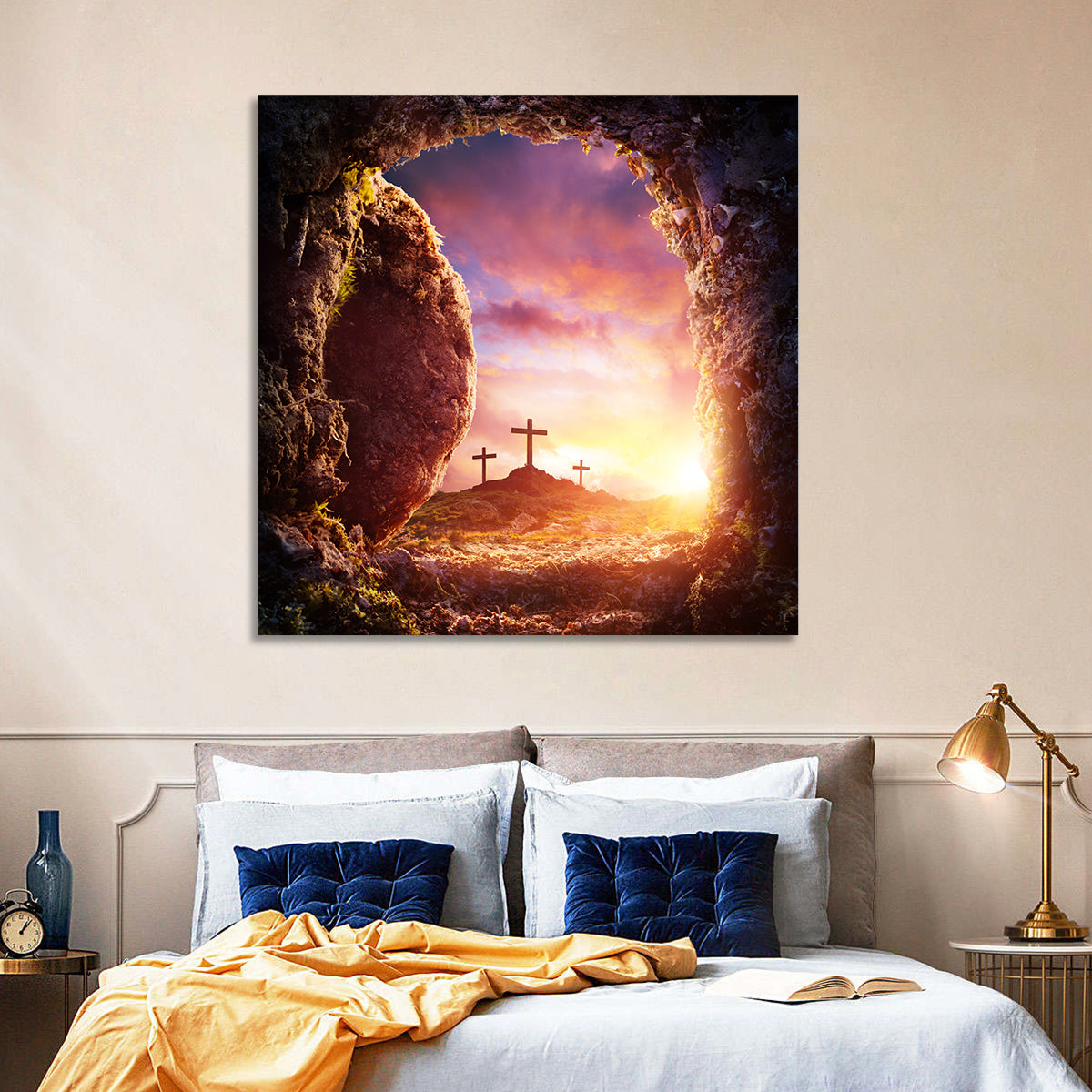 Three Crosses at Sunrise Wall Art in a room, square