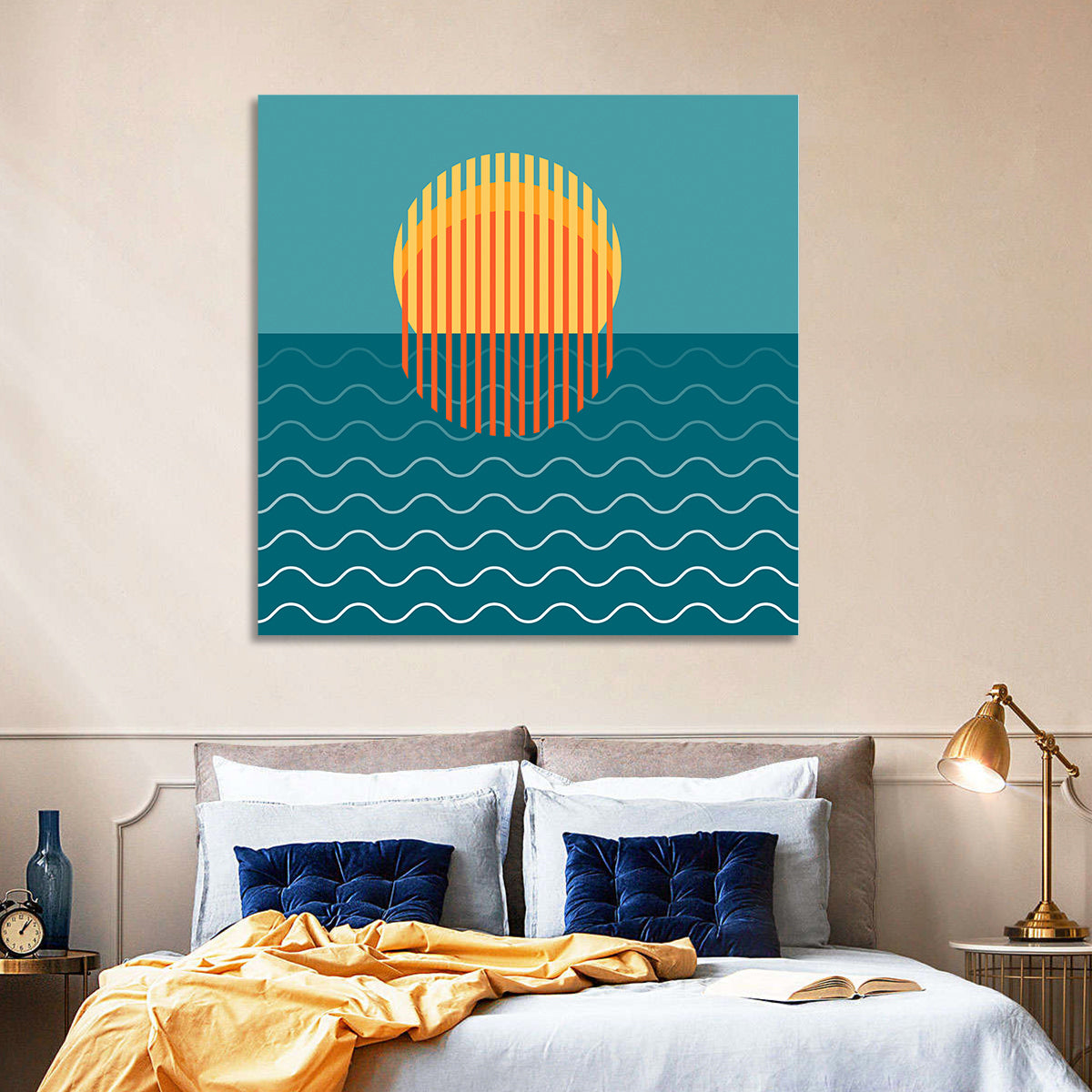 Teal Ocean Sunset Illustration Wall Art
