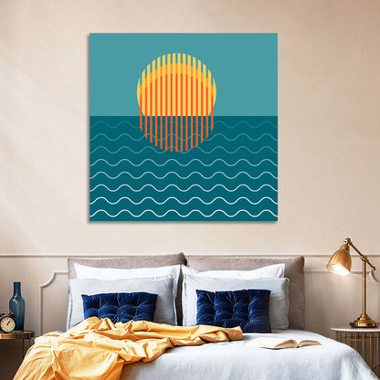 Teal Ocean Sunset Illustration Wall Art