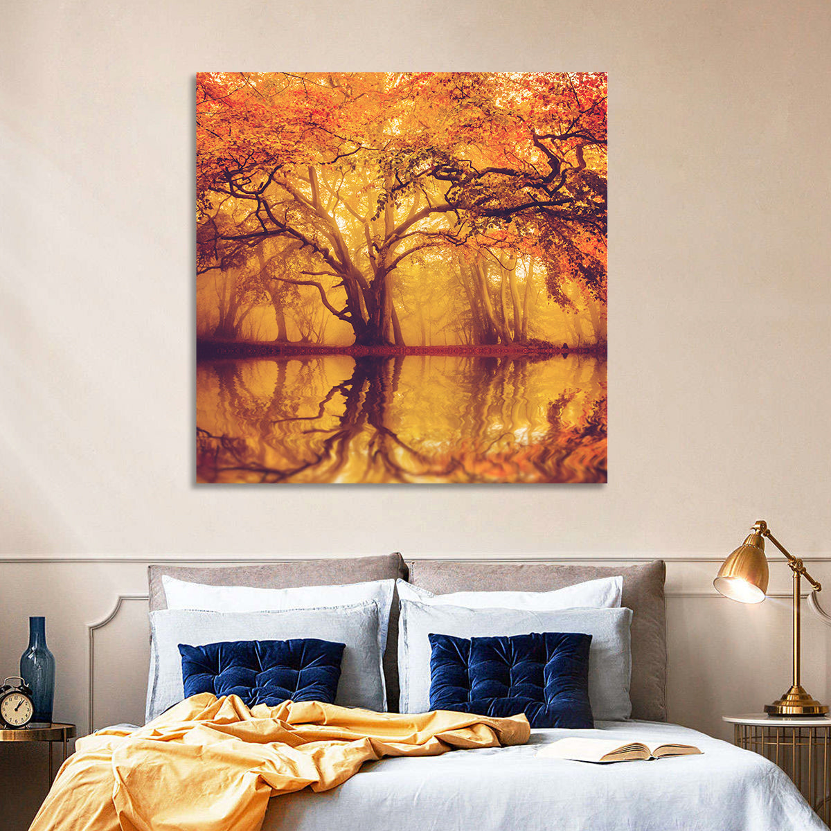 Golden Mist Forest Reflection Wall Art