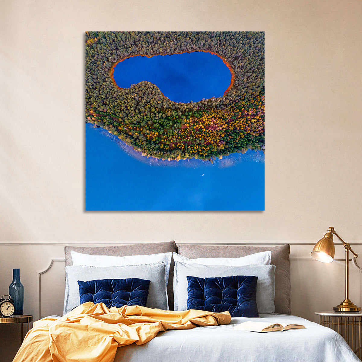 Autumn Forest Lake Wall Art in a room, square