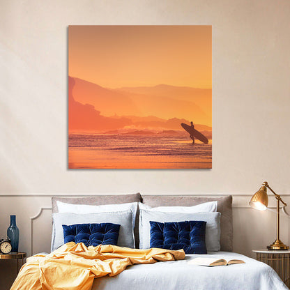 Surfer Silhouette at Golden Sunset Wall Art