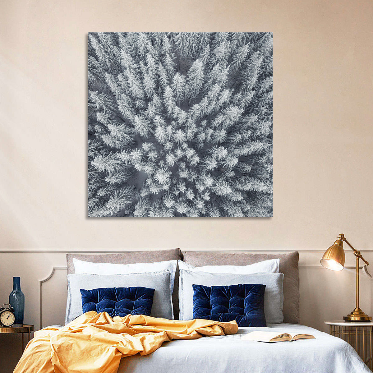 Snow Covered Pine Forest Wall Art in a room, square