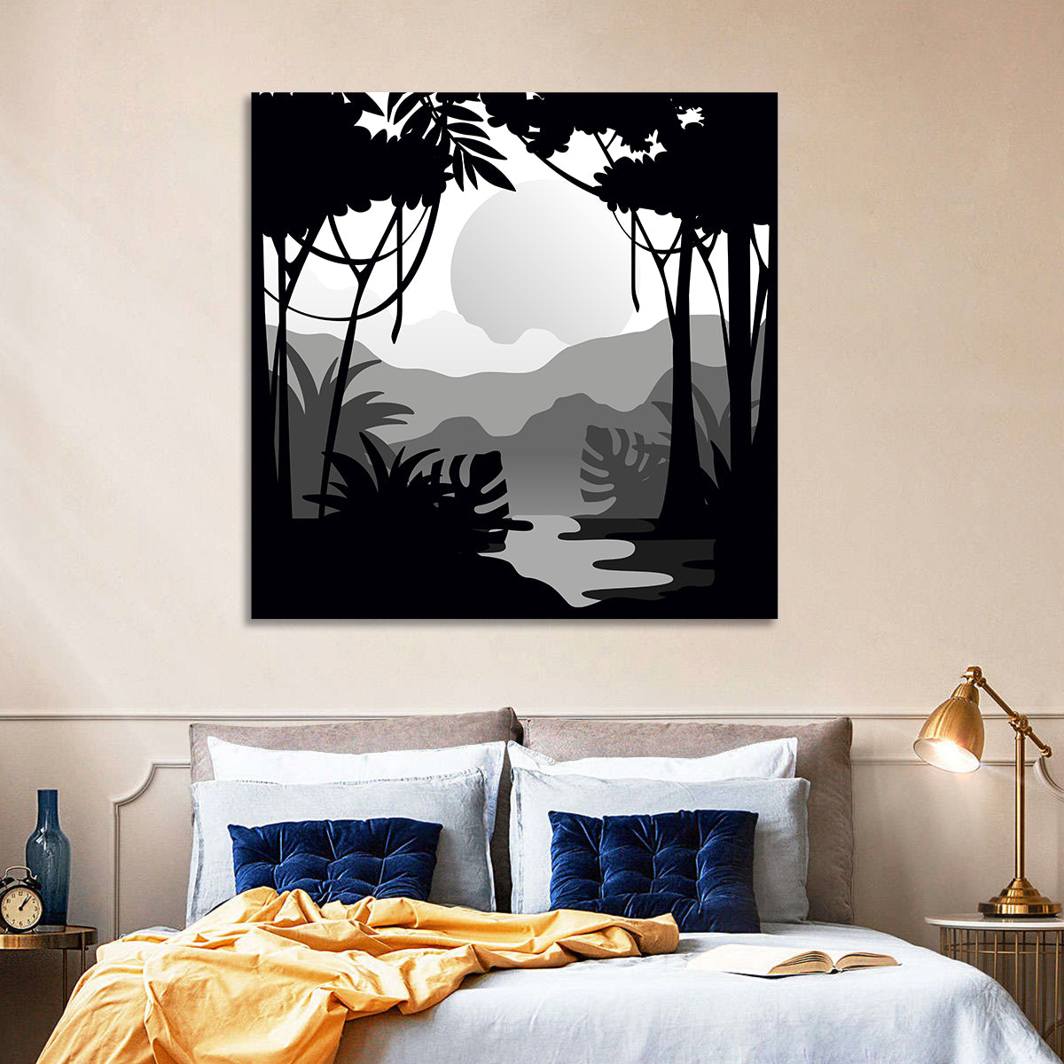 Tropical Jungle Silhouette Wall Art in a room, square