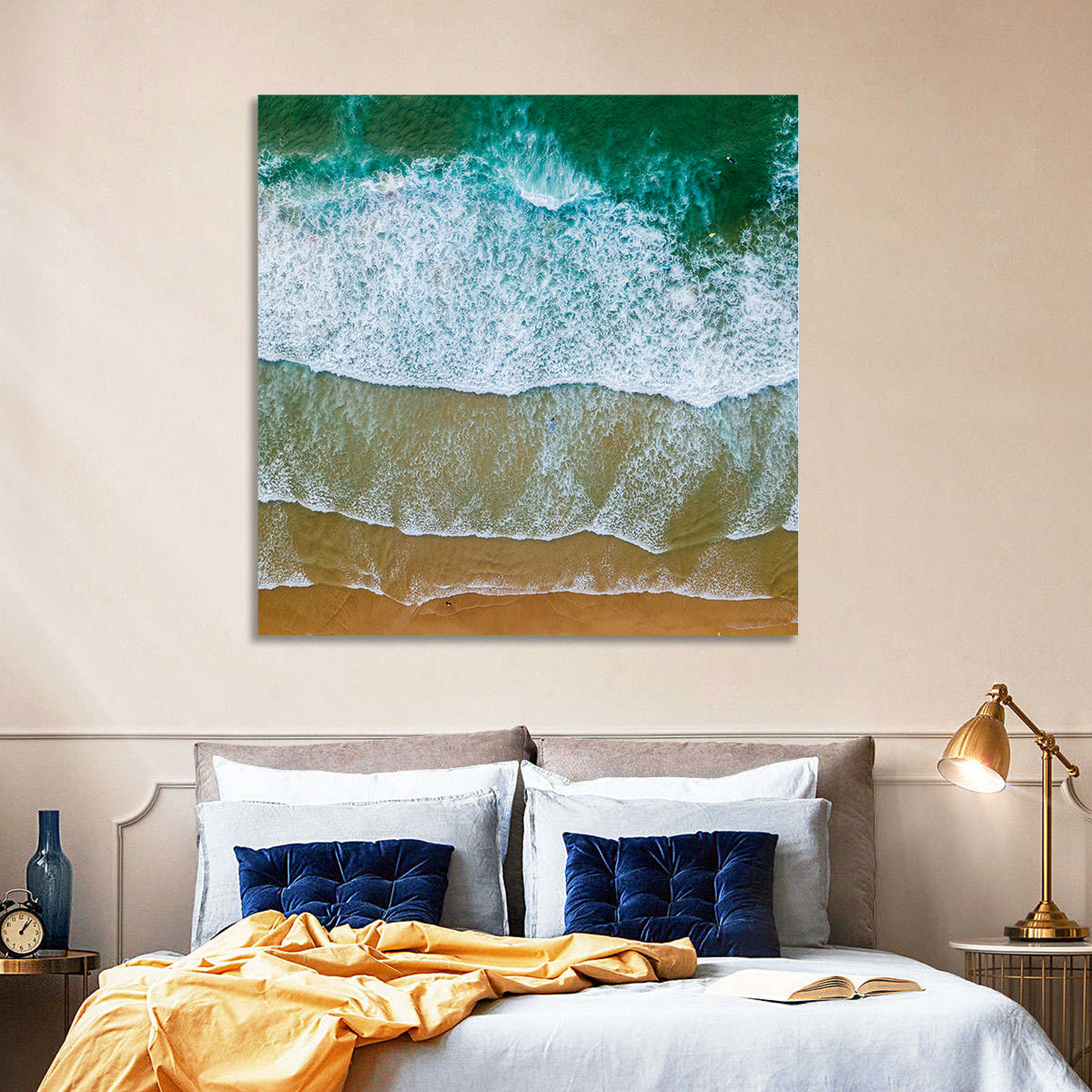 Aerial Teal Beach with Surfers Wall Art