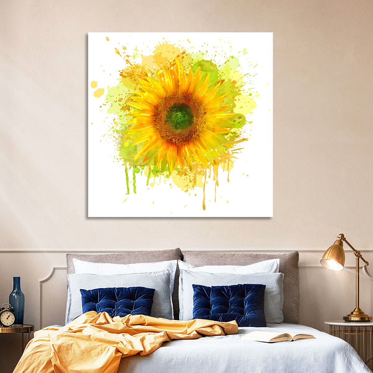 Watercolor Sunflower Wall Art in a room, square