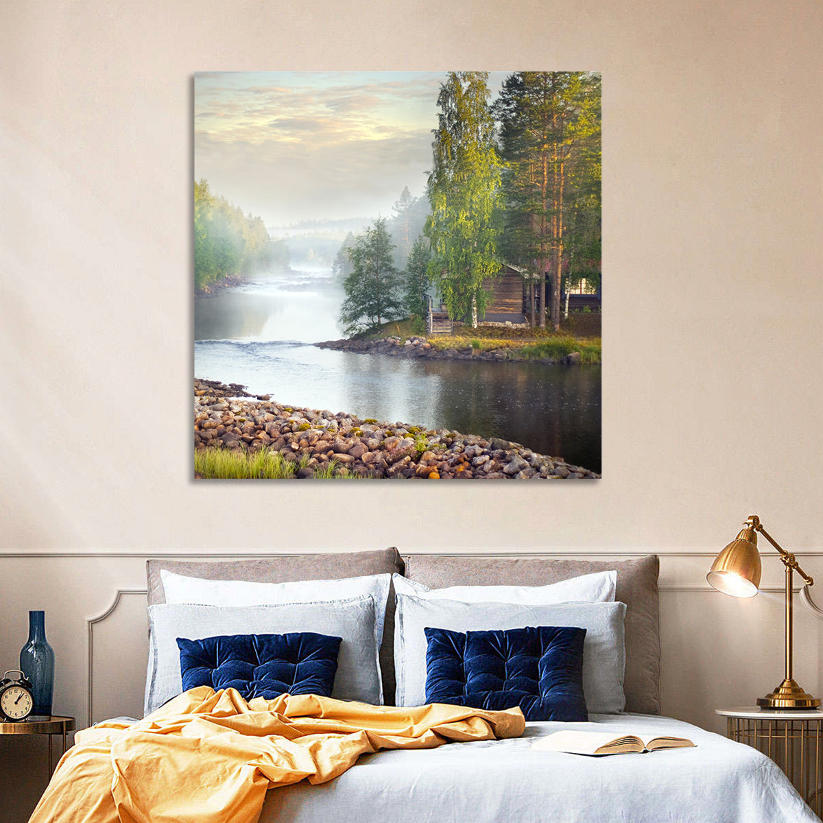 Misty River with Red Roof Cabin Wall Art