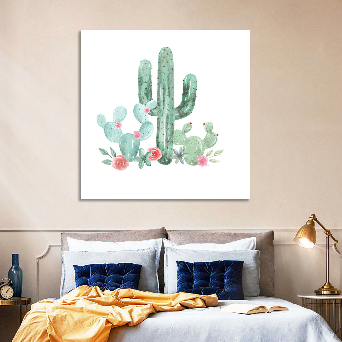 Watercolor Cactus Bouquet Wall Art in a room, square