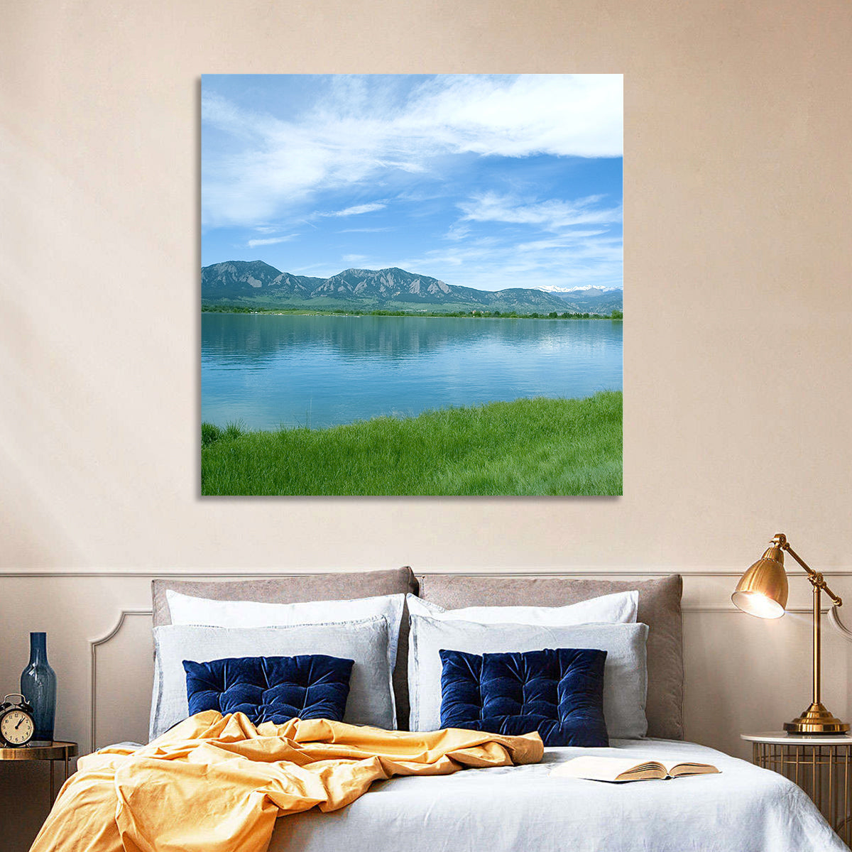 Boulder Reservoir and Flatirons Wall Art in a room, square