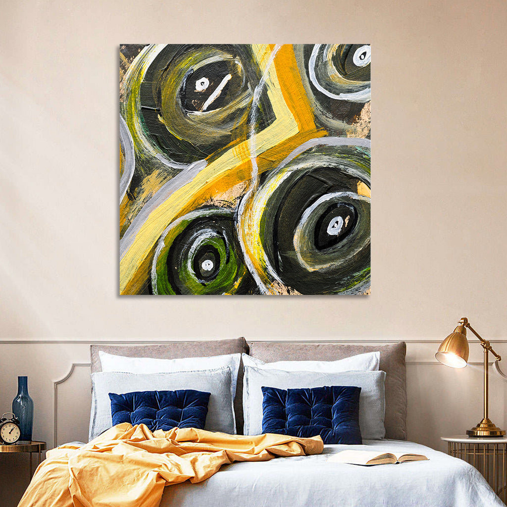 Impasto Swirl Circles in Yellow and Black Wall Art