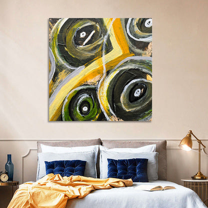Impasto Swirl Circles in Yellow and Black Wall Art