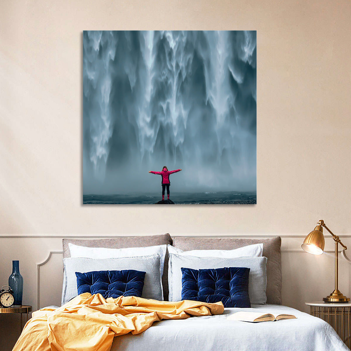 Skogafoss Waterfall with Figure in Pink Wall Art