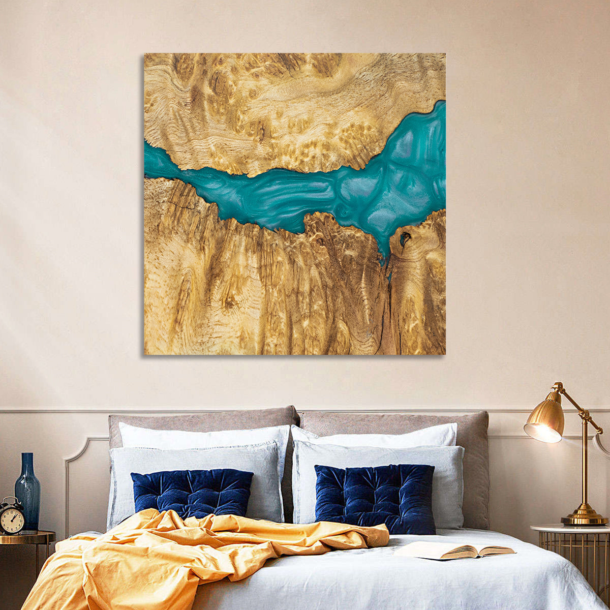Burled Wood River with Teal Resin Wall Art