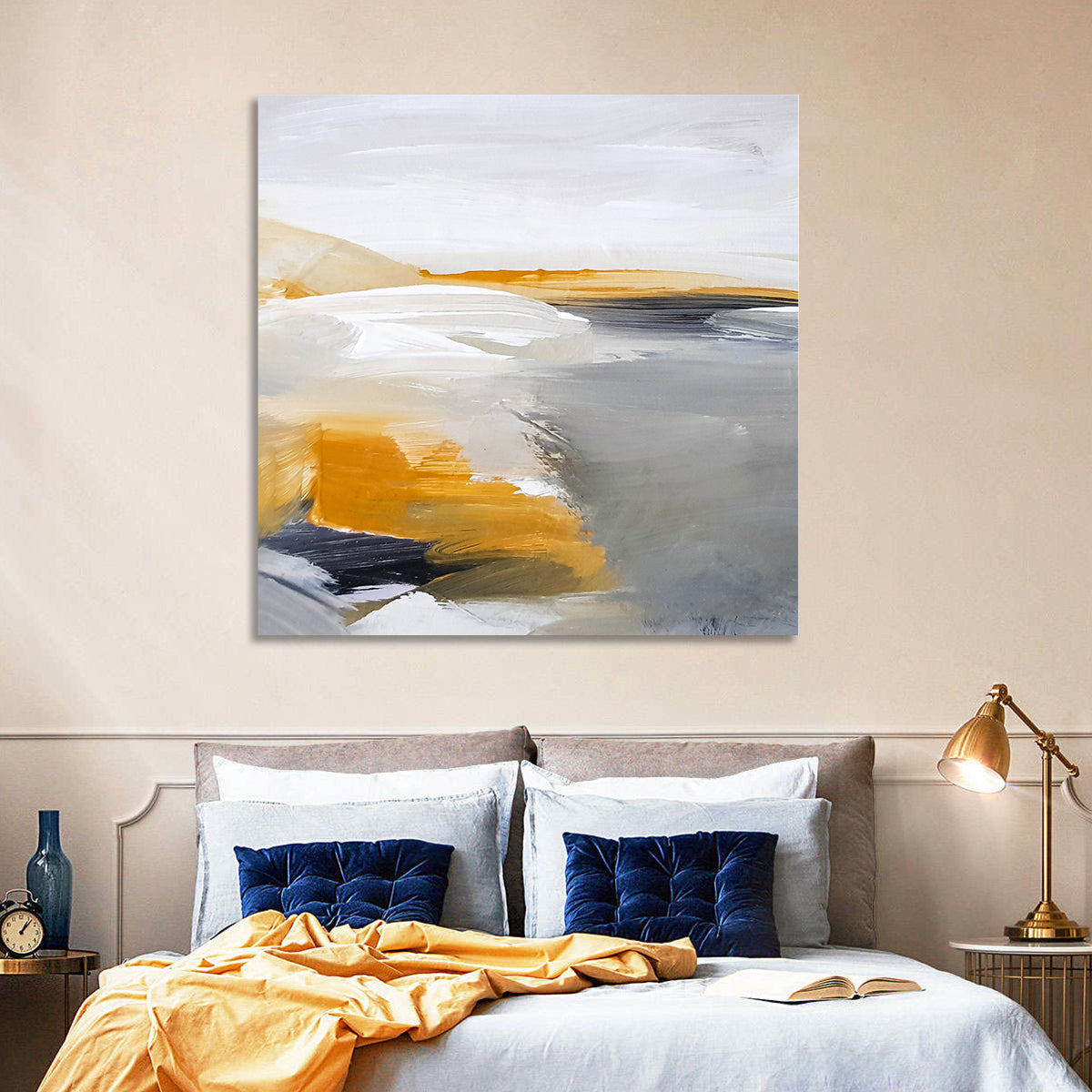 White Coastal Abstract Landscape Wall Art in a room, square