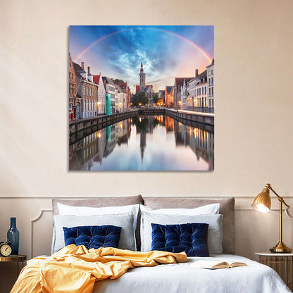 Bruges Twilight Rainbow Over Spiegelrei Canal Wall Art