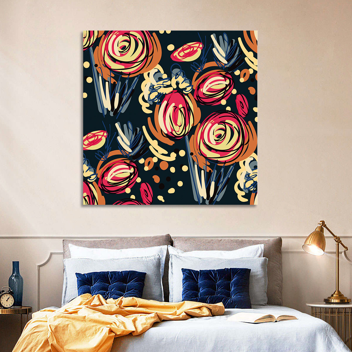 Colorful Scribbled Floral Pattern Wall Art in a room, square