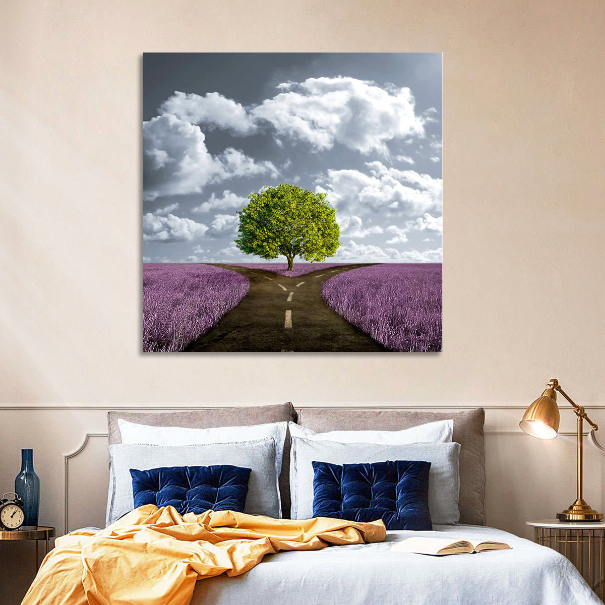 Lavender Field Crossroads with Lone Tree Wall Art in a room, square