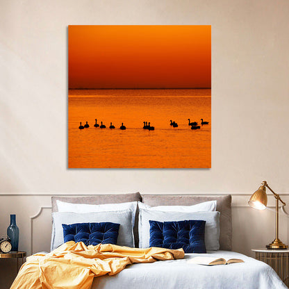 Geese Silhouettes at Orange Sunset Wall Art