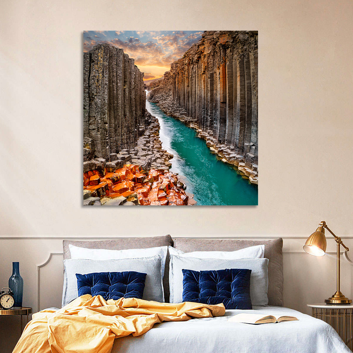 Stuðlagil Canyon Basalt Columns at Golden Hour Wall Art in a room, square