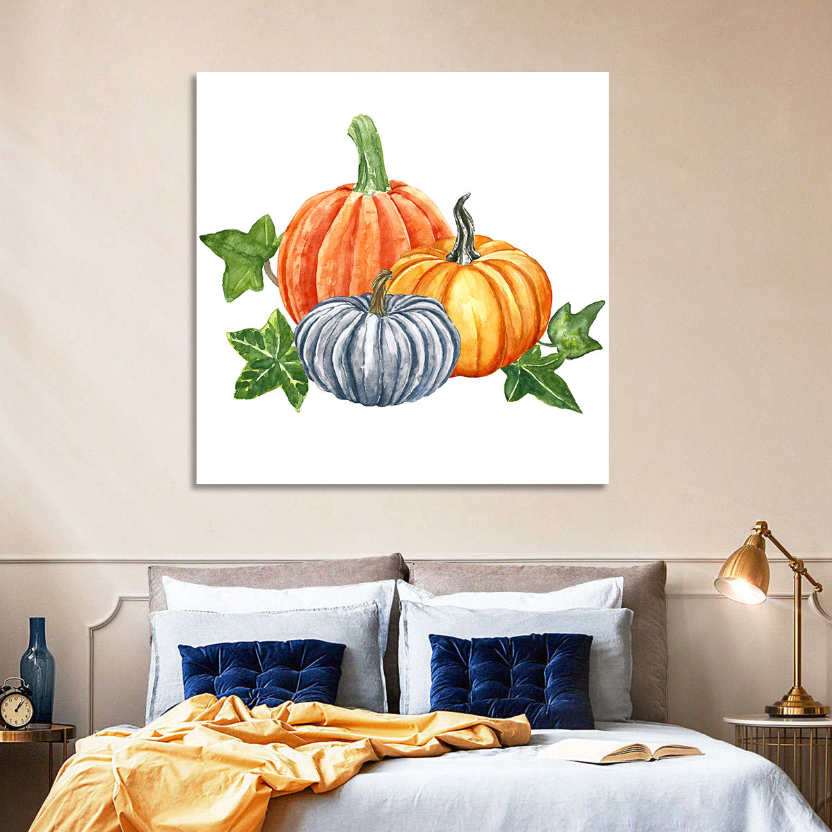 Festive Pumpkin Trio Watercolor Wall Art in a room, square