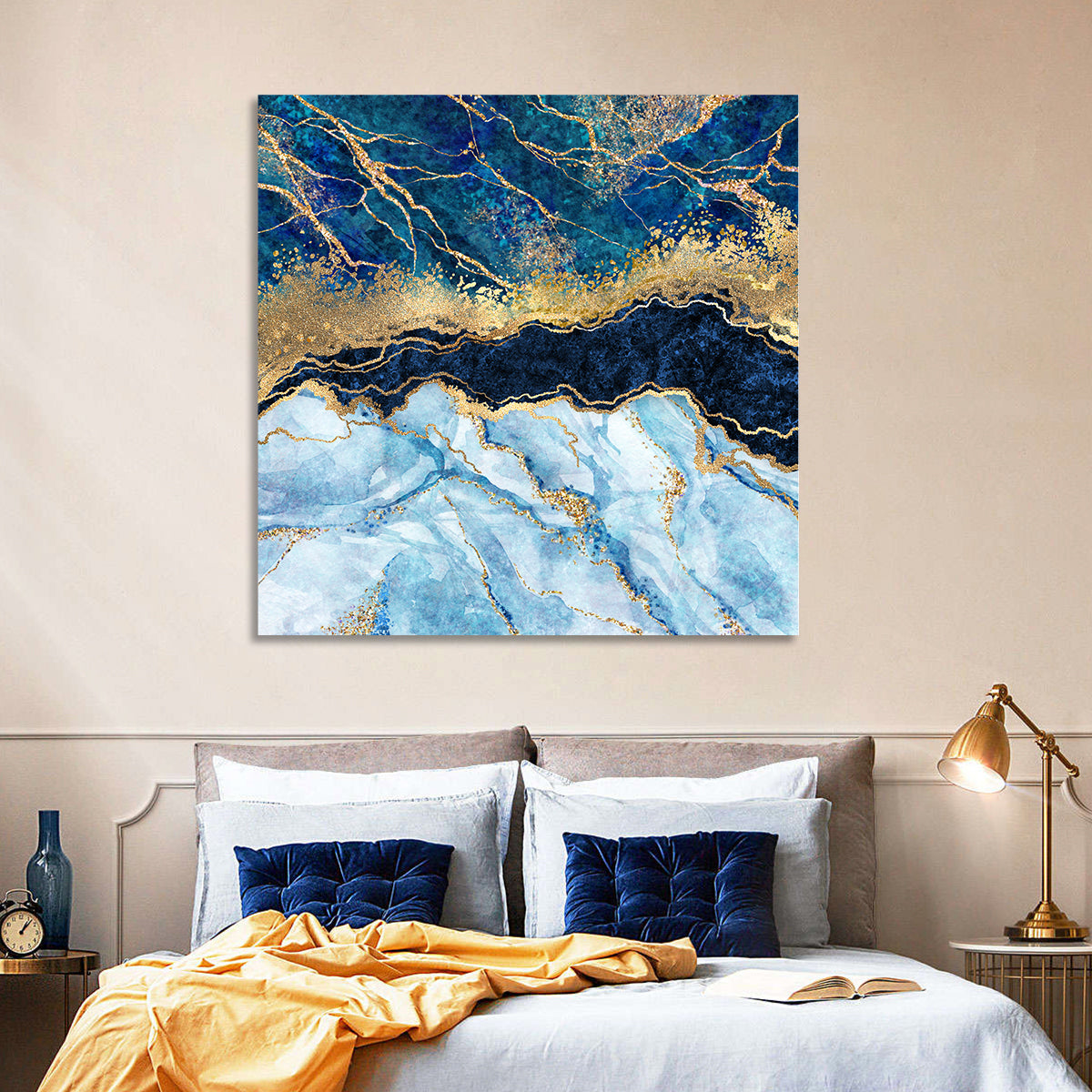 Navy Blue Marble with Gold Veins Wall Art