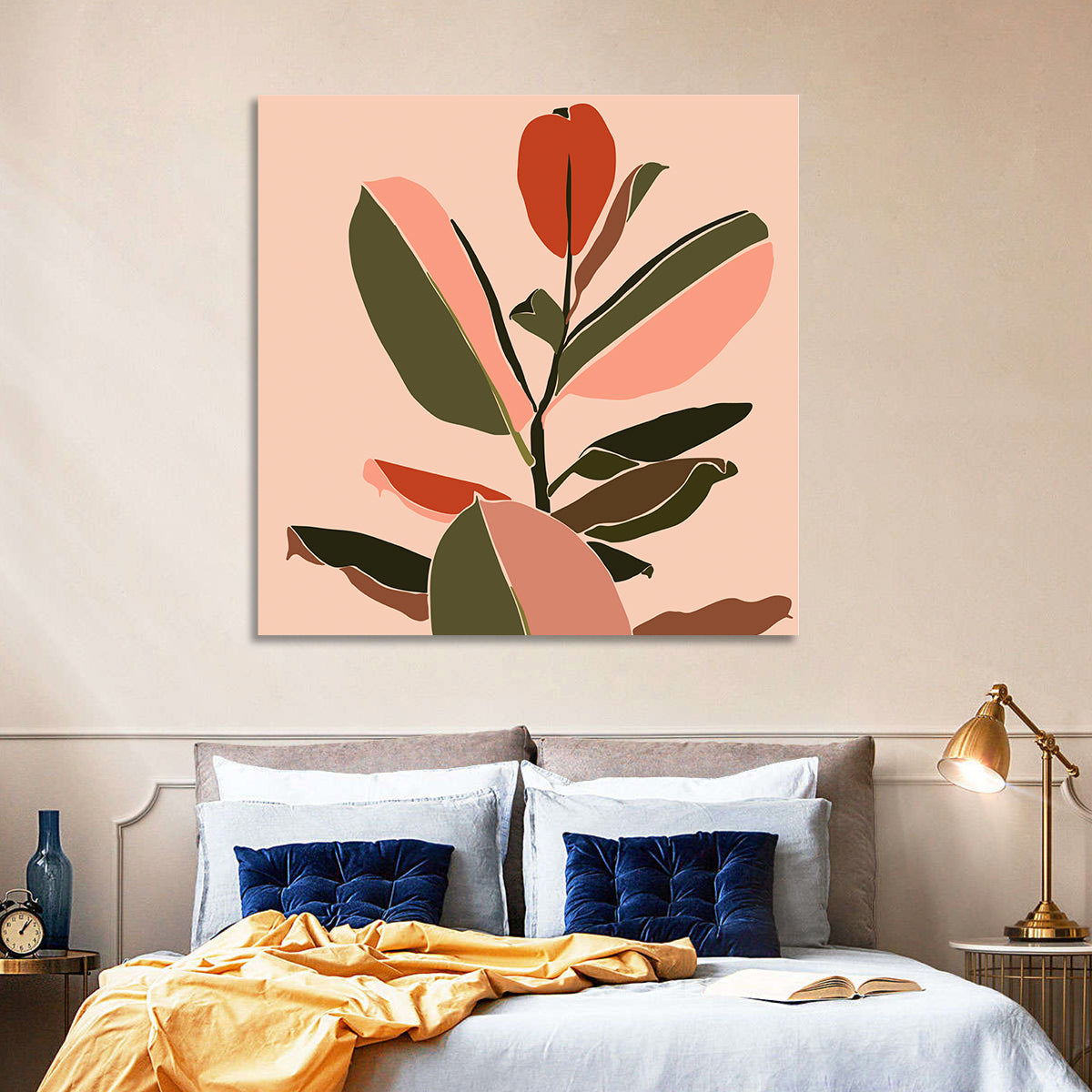 Ficus Leaves Silhouette Wall Art in a room, square