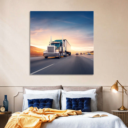 Semi Truck Highway Sunset Wall Art