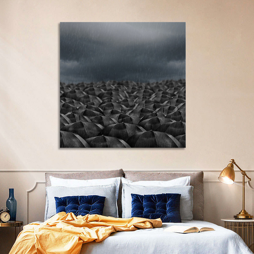 Clustered Umbrellas in Rain Wall Art