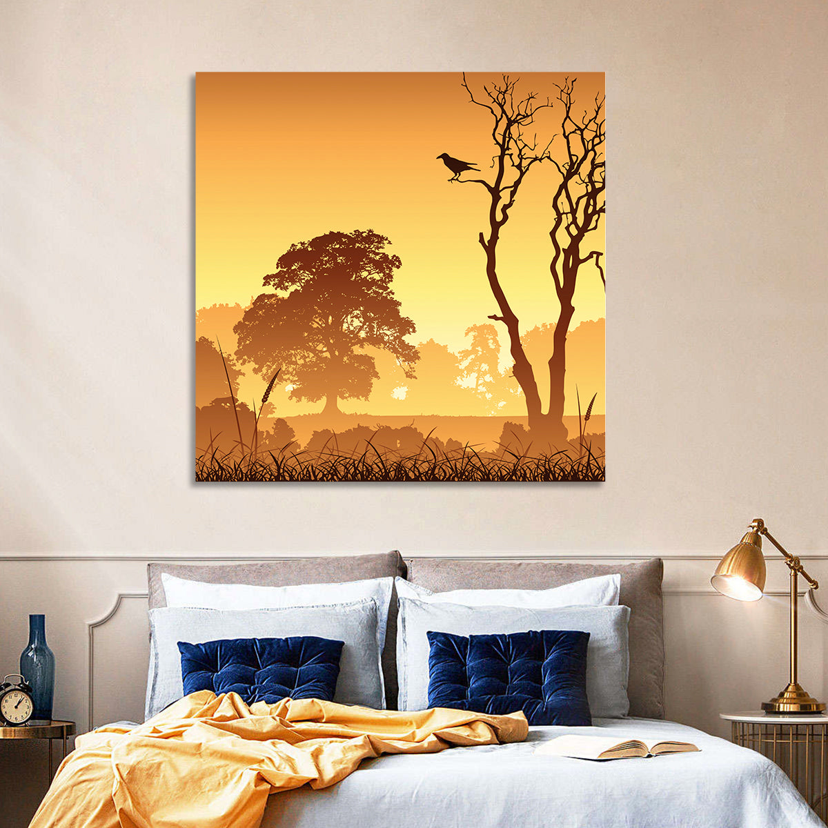 Golden Mist Tree Silhouettes with Crow Wall Art in a room, square