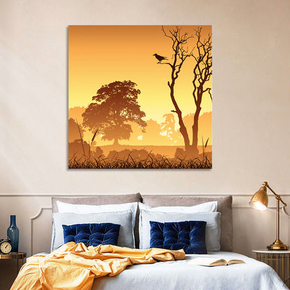 Golden Mist Tree Silhouettes with Crow Wall Art