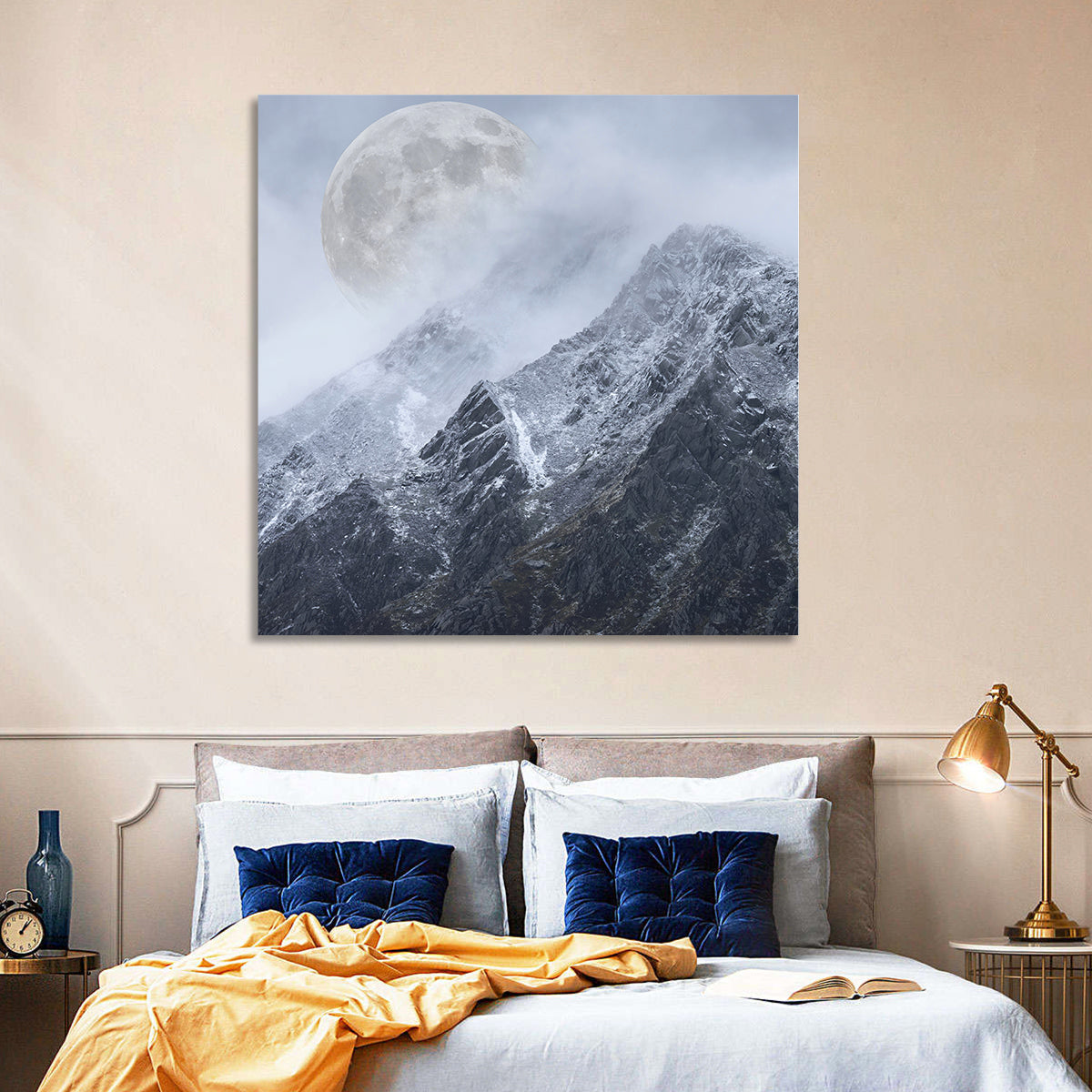 Supermoon Over Snow-capped Peaks Wall Art in a room, square