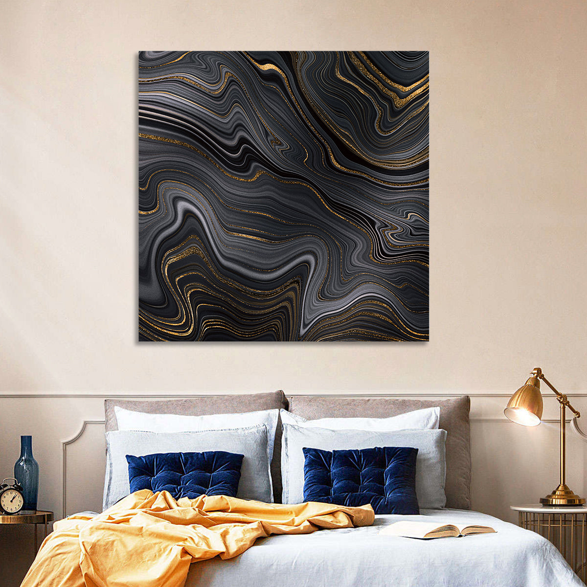 Black Marble with Gold Veins Wall Art in a room, square