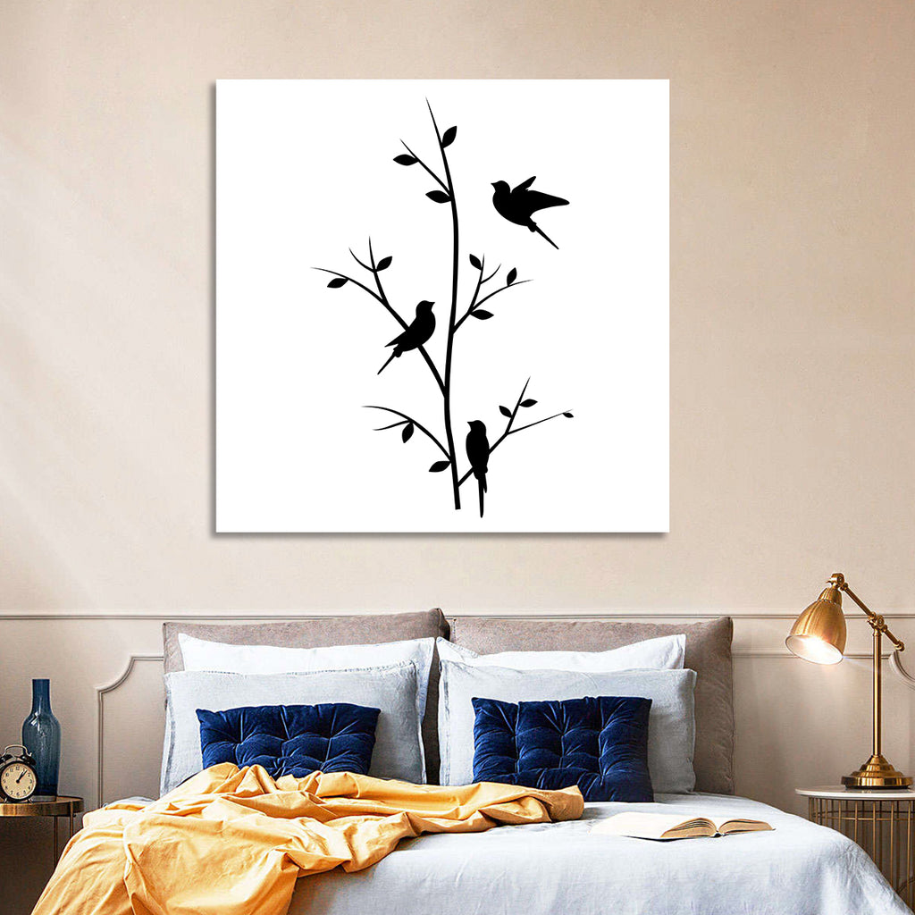 Three Birds on Branch Silhouette Wall Art