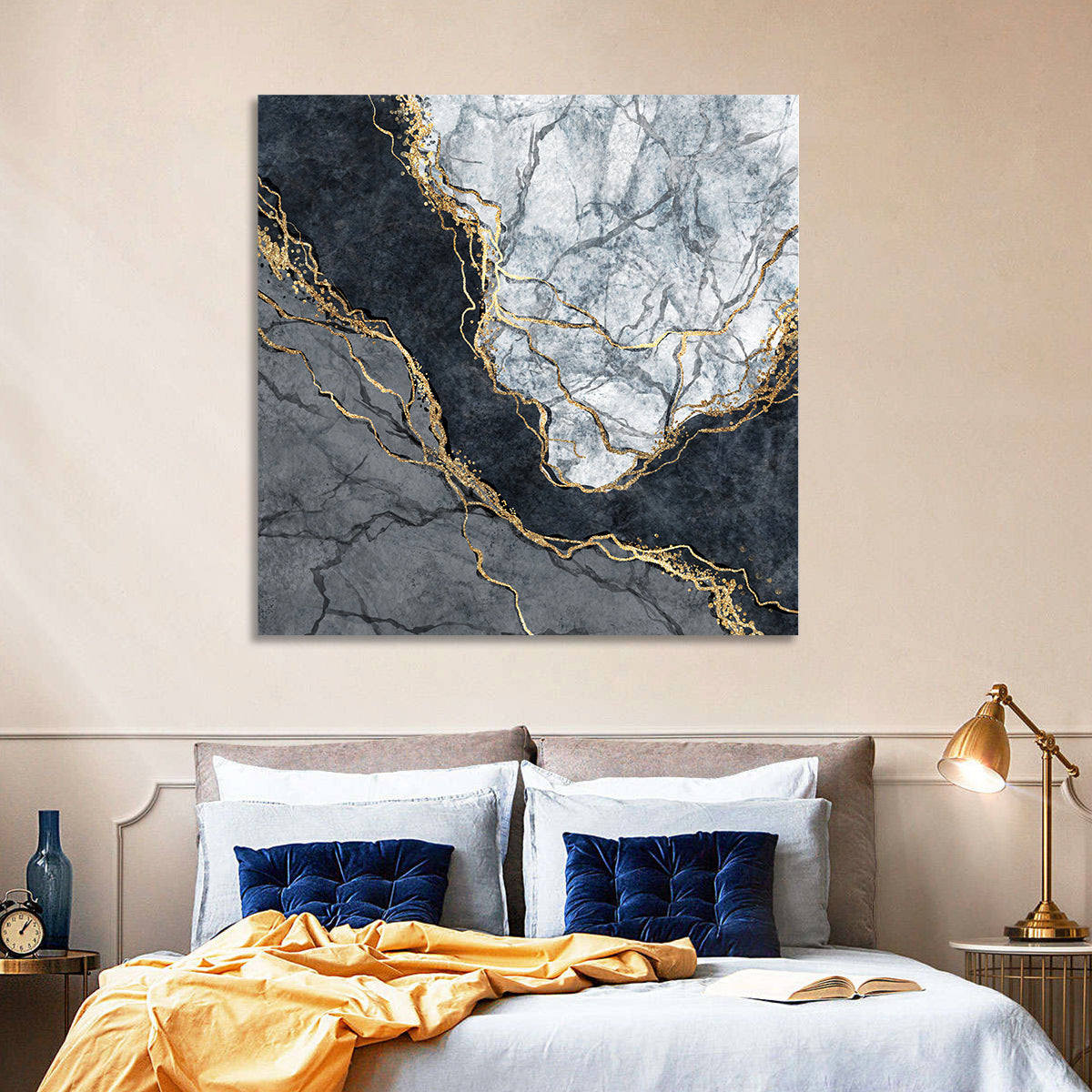 Black Stream Golden Veins Abstract Wall Art in a room, square