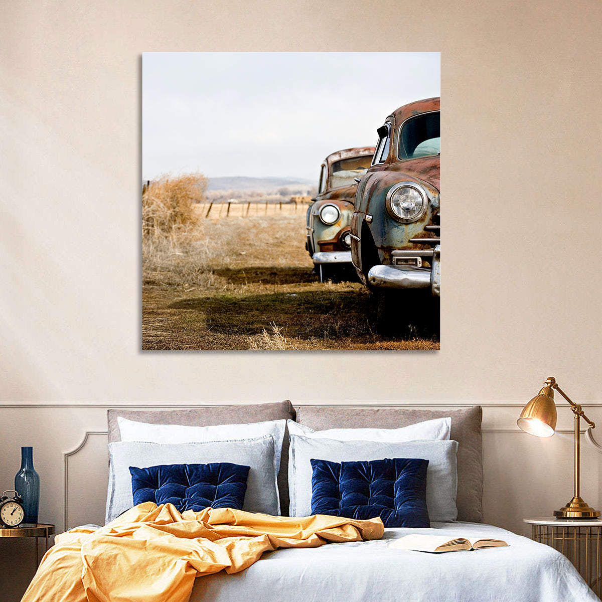 Abandoned Rusty Vintage Cars Behind Barbed Wire Wall Art