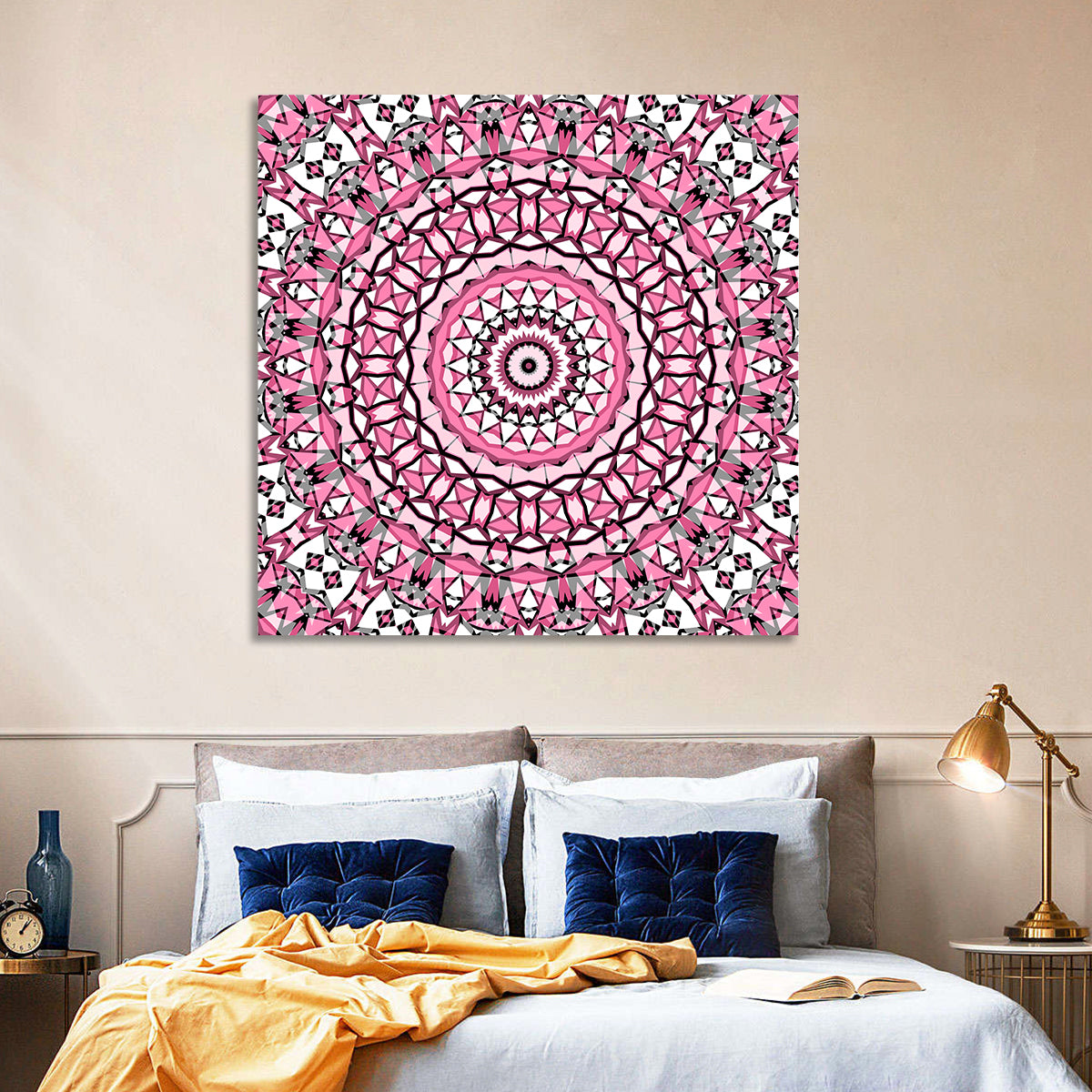 Pink Mosaic Kaleidoscope Mandala Wall Art in a room, square