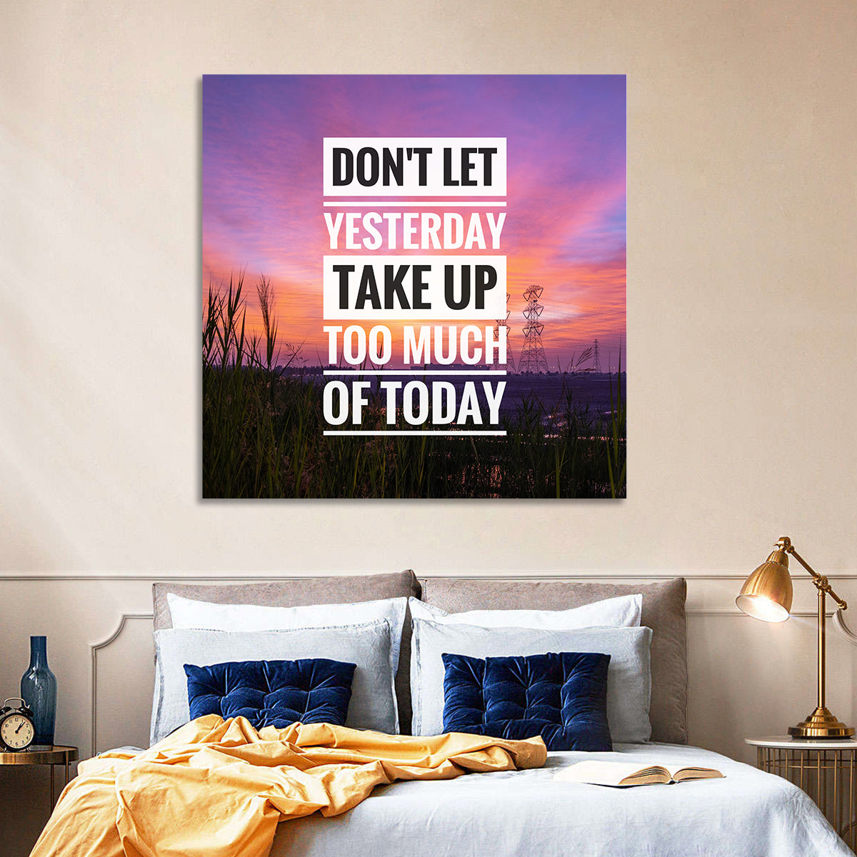 Don't Let Yesterday, Sunset Quote Wall Art in a room, square