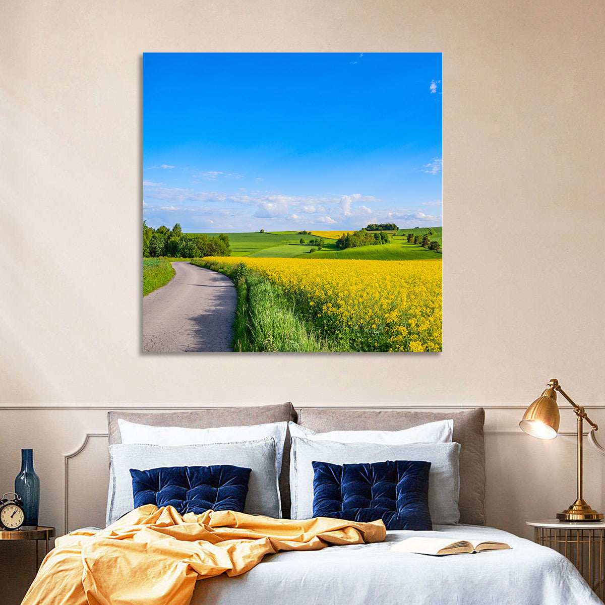 Rapeseed Field Road Under Blue Sky Wall Art