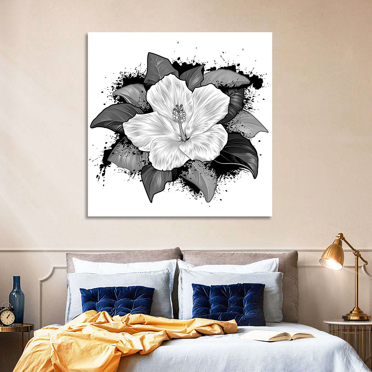 Ink Splatter Hibiscus Illustration Wall Art in a room, square